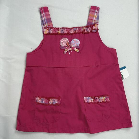 Y2K NWT Deadstock Little Lindsey 3T Pink Overall Dress w/ Plaid Ruffles - Picture 2 of 8